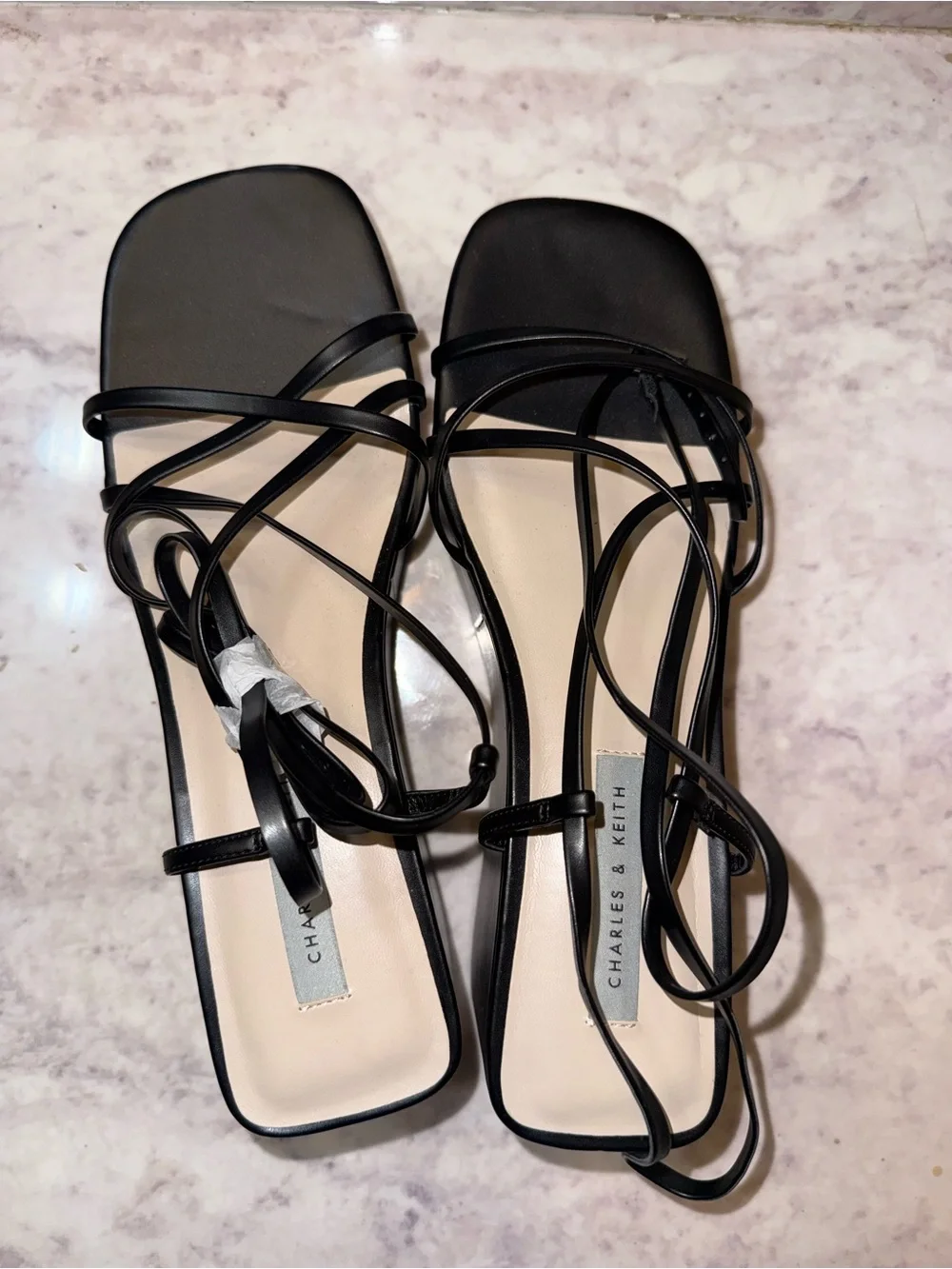 Charles & Keith Black Strappy Platform Sandals with Ankle Wrap
